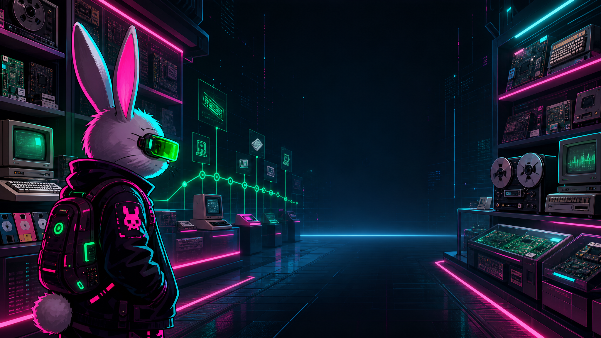 Cyberpunk bunny history banner with retro terminals and archive timeline
