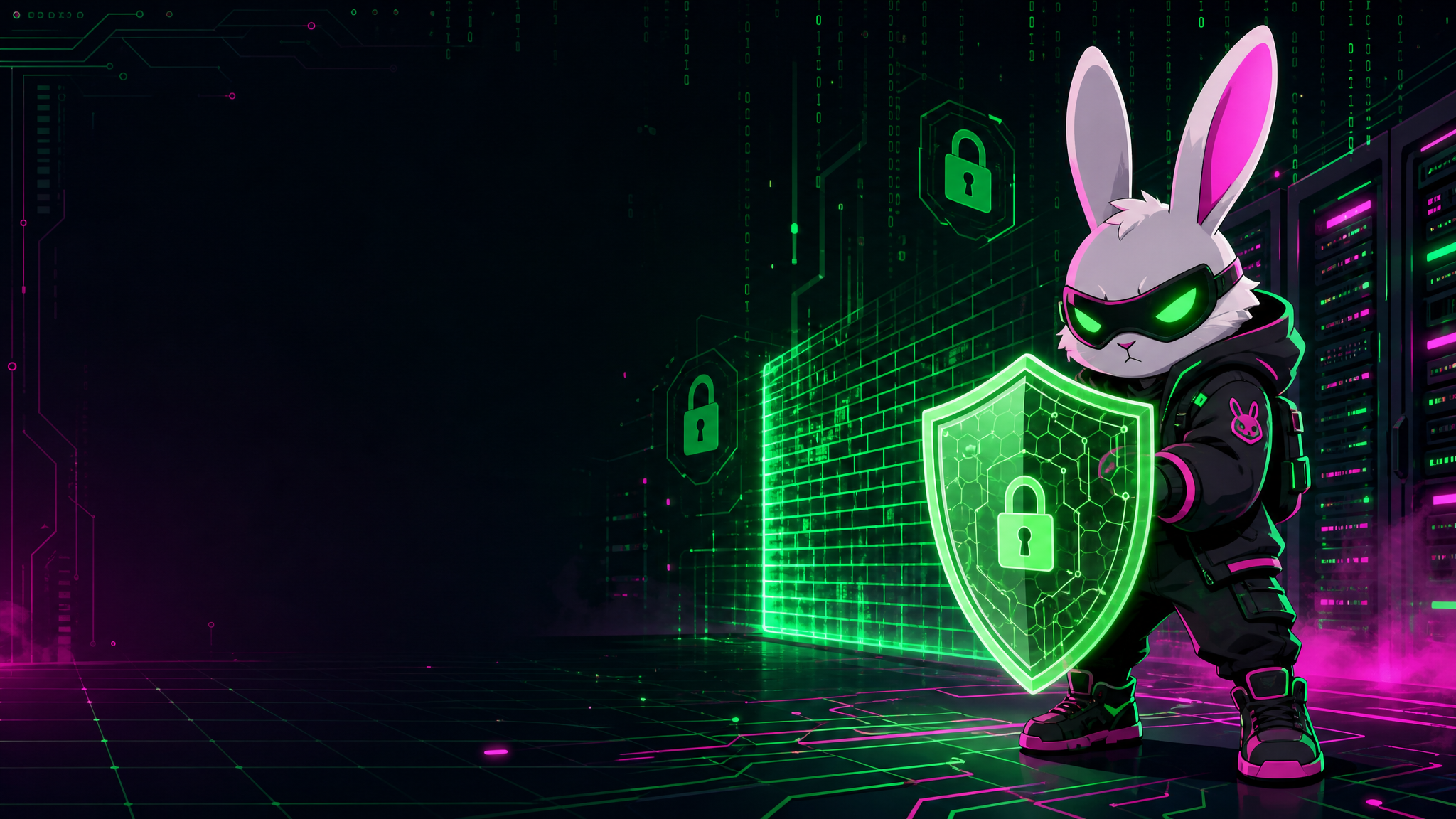 Cyberpunk bunny security banner with shield and server racks